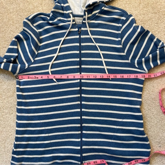 LL Bean Sweater Womens Large Petite Blue White Stripes Hood Cardigan Zip Knit - Picture 5 of 9
